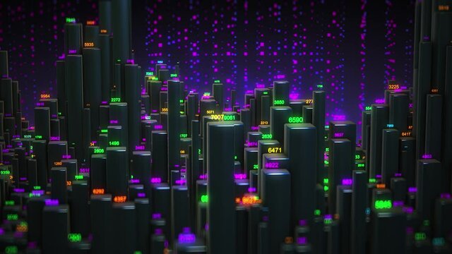 Many abstract isometric cubes, modern computer generated 3D rendering background. abstract numbers animation in different colors. Futuristic big data information technology concept