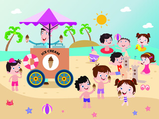Happy kids eating ice cream at beach vector concept for banner, website, illustration, landing page, flyer, etc.