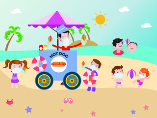 Kids wearing face mask buying hotdog at beach vector concept for banner, website, illustration, landing page, flyer, etc.