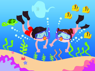 Naklejka na ściany i meble Brave kids snorkeling vector concept for banner, website, illustration, landing page, flyer, etc.