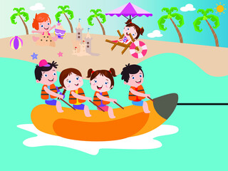 Happy kids ride a banana boat vector concept for banner, website, illustration, landing page, flyer, etc.