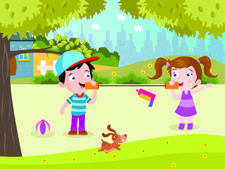 Kids playing with wired phone vector concept for banner, website, illustration, landing page, flyer, etc.