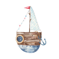 ships, yacht, ship with anchor, children's cute watercolor illustration on a white background