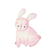 easter pink bunny, childrens cute watercolor illustration on white background