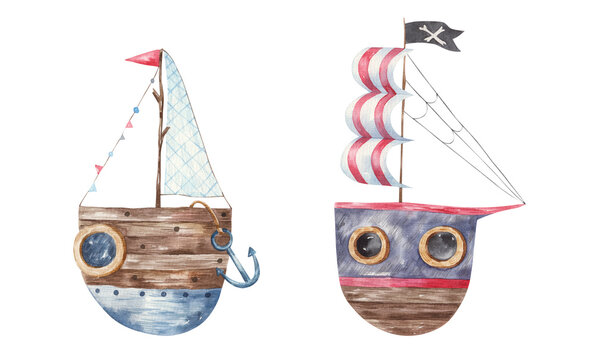 pirate ships, yacht with sail of red and white color, anchor, children's cute watercolor illustration on a white background