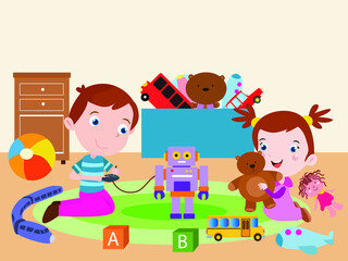 Siblings playing together at home vector concept for banner, website, illustration, landing page, flyer, etc.