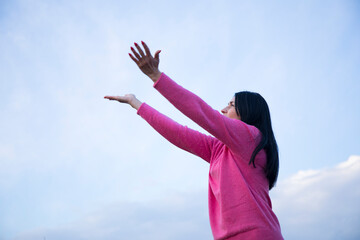 Lifestyle. Woman life. Sky background. Emotion. Dream. 