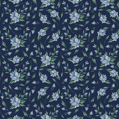 Seamless patterns. Floral patterns - Blue flowers, buds and leaves on a blue background. Watercolor. For design, decoration, packaging, textiles, decoration and wallpaper