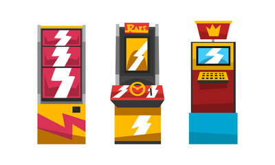 Vintage Slot Machines Set, Gambling Concept Cartoon Vector Illustration