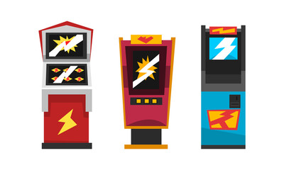 Slot Machines Set, Gambling Concept Cartoon Vector Illustration