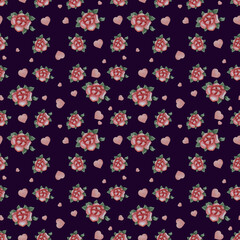 Seamless patterns. Pink roses and hearts on a black background. Watercolor. Decorative botanical flower patterns For holiday designs, Valentine's Day, decor, packaging, textiles and wallpaper