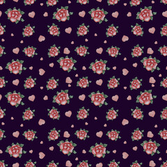 Seamless patterns. Pink roses and hearts on a black background. Watercolor. Decorative botanical flower patterns For holiday designs, Valentine's Day, decor, packaging, textiles and wallpaper