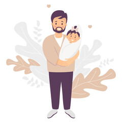 Father's day - Happy father. Smiling Man with a newborn baby girl daughter in his arms. Stands on a decorative background of tropical leaves. Vector illustration. Happy family - young dad and baby 