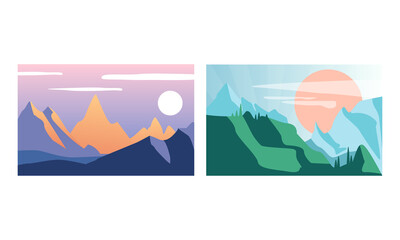 Obraz na płótnie Canvas Beautiful Mountain Landscapes Set, Serenity Scenes of Nature at Sunlight, Poster, Card, Banner Design Element Cartoon Vector Illustration