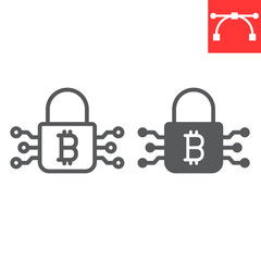 Bitcoin encryption line and glyph icon, cryptocurrency and protection, bitcoin padlock vector icon, vector graphics, editable stroke outline sign, eps 10.