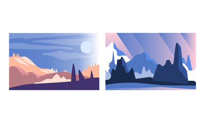 Abstract Mountain Landscapes Set, Serenity Scenes of Nature at Sunlight Cartoon Vector Illustration