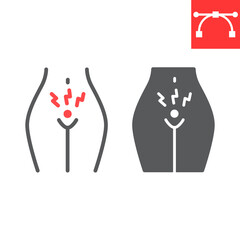 Menstrual cramps pain line and glyph icon, menstruation and gynecology, menstrual cramps ache vector icon, vector graphics, editable stroke outline sign, eps 10.