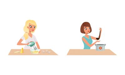 People Cooking in the Kitchen Set, Young Women Baking and Cooking Cartoon Vector Illustration