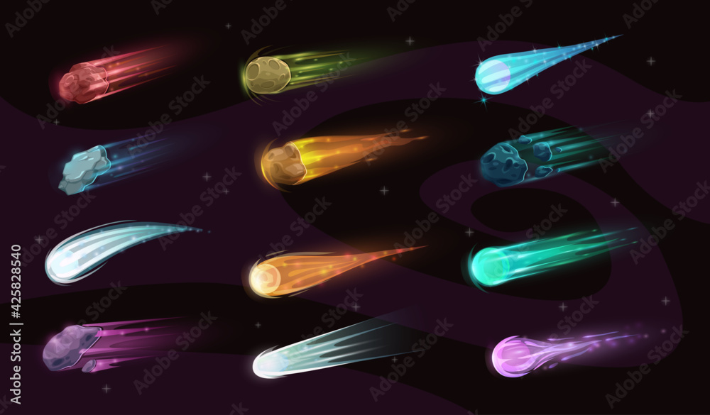 Poster galaxy asteroids, comets or meteorites with flaming tails. burning asteroids, stone and ice comets w