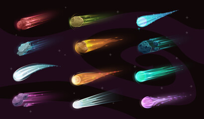 Galaxy asteroids, comets or meteorites with flaming tails. Burning asteroids, stone and ice comets with glowing, colorful trails flying in outer space. GUI, UI vector design elements - obrazy, fototapety, plakaty