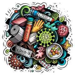 Coronavirus hand drawn cartoon doodles illustration. Colorful composition