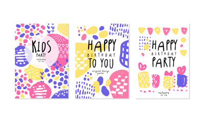 Kids Party Card Templates Set, Happy Birthday to You Hand Drawn Vector Illustration