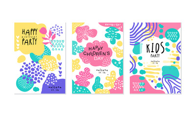 Happy Birthday Party Card Templates Set, Happy Children Day Banner, Poster Hand Drawn Vector Illustration