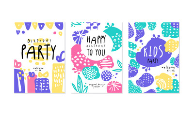 Fototapeta na wymiar Birthday Party Card Templates Set, Happy Children Holiday Banner, Poster Hand Drawn Vector Illustration