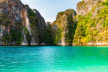 Fototapeta na wymiar Beautiful crystal clear green water at Pileh lagoon at Phi Phi island Krabi province Thailand.