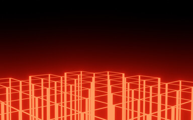 Abstract Background 3D rendering Red tron with stripes of neon lights and reflections. Sci-FI Futuristic architecture background Chaotic Blue Neon Lights laser with rays and lines.