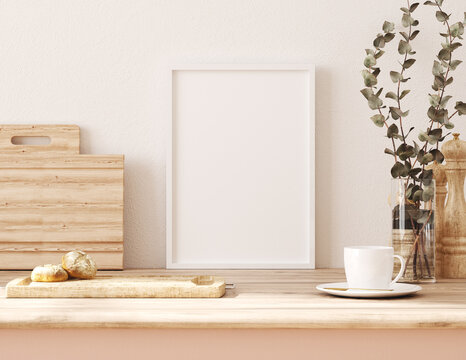 Frame mockup in kitchen interior background, Farmhouse style, 3d render