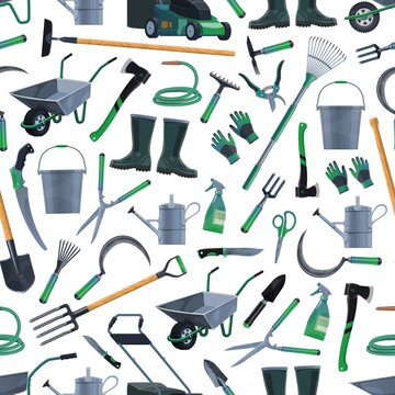 Gardening and farming tools seamless pattern background, vector. Agriculture garden and farm cultivation equipment seamless pattern of rakes and shovel spade, tree secateurs, gardener hoe, lawn mower