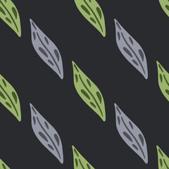 Fototapeta premium Simple style seamless botanic pattern with green and purple leaf ornament. Dark background.