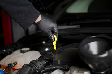 MECÁNICO HACIENDO REVISIÓN DE ACEITE AL COCHE