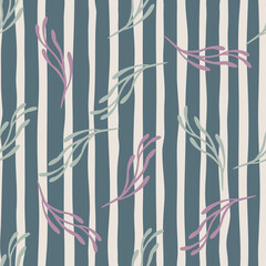 Fototapeta na wymiar Random seamless pattern with contoured branches minimalistic ornament. Striped blue background.