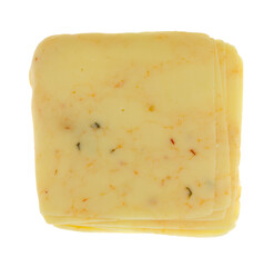 Organic pepper jack cheese slices top view on a white background.