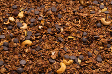 Chocolate granola cereal with nuts background.