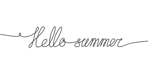Hello summer continuous one line drawing, calligraphy lettering handwriting black and white graphics line art, Summer greeting quote