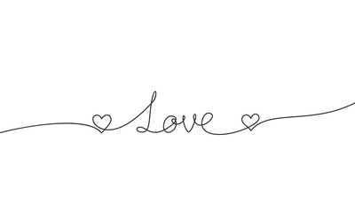 Word Love with two hearts continuous one line drawing, calligraphy lettering free handwriting love concept, black and white graphics