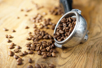 Coffee machine holder with coffee on wooden table