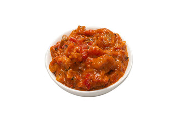 Vegetable stew in a bowl isolated on white background.