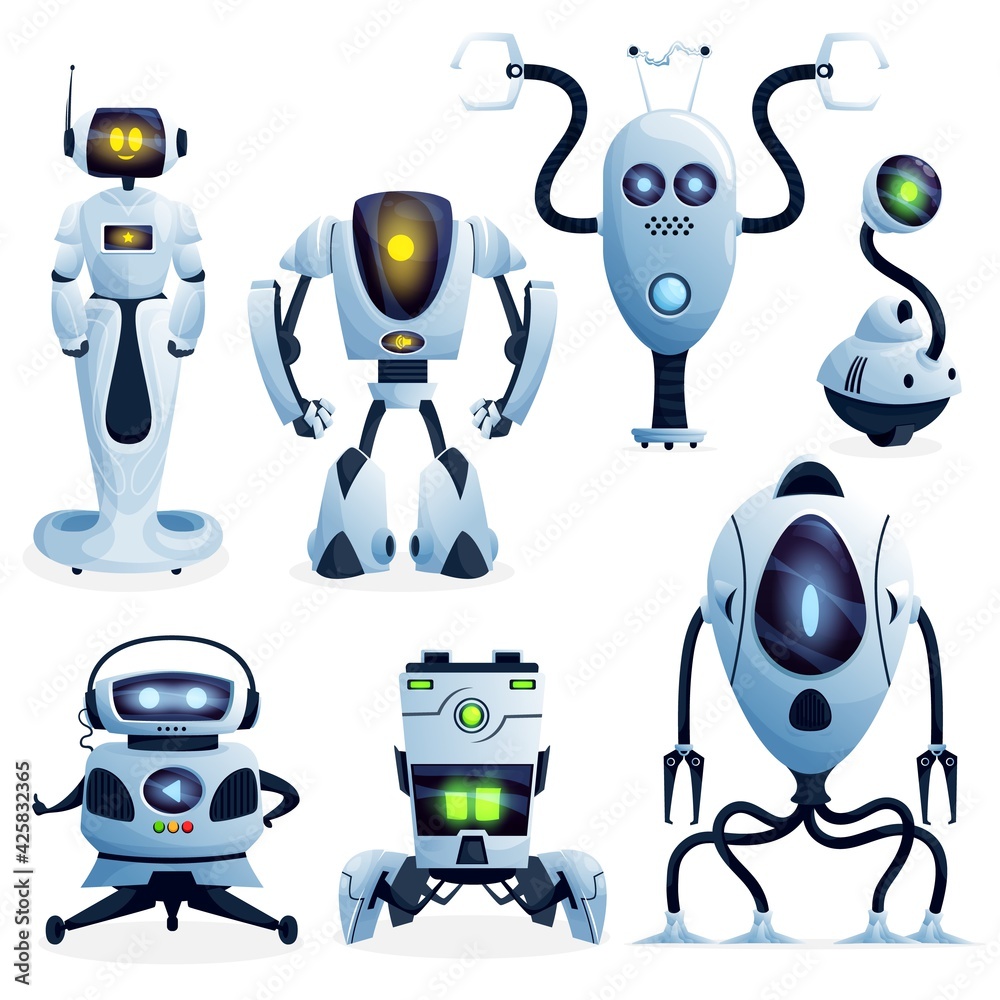 Poster robots cartoon characters and android bots, vector. future ai robot cyborg and droid machines, digit