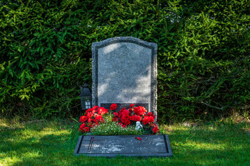 Single gravestone without name, decorated with red flowers - obrazy, fototapety, plakaty