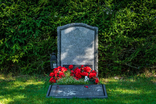 Single gravestone without name, decorated with red flowers
