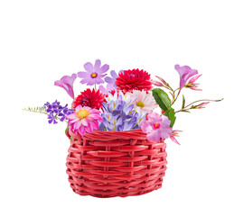 Colorful flowers in a basket on white background