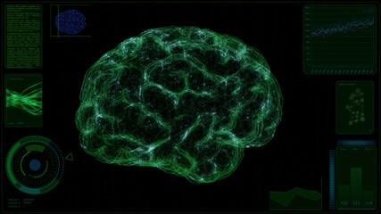 A display shows the monitoring of some parameters of a virtual brain that shows its brain communication activity by the synapses.
