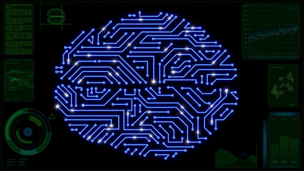 A display shows the monitoring of some parameters of an electronic brain where there are many electrical signals because of the synapses's communications.