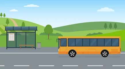 Fotobehang Rural landscape with road, bus stop and moving bus. Concept of public transport. Panoramic view. Flat style, vector illustration. © alazur