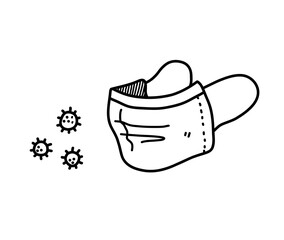 Protection mask against covid-19 virus, a hand drawn vector doodle of a surgeon mask repels corona virus, isolated on white background.