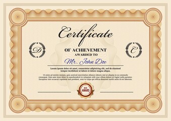 Business achievement certificate vector template. Personal award, graduation certificate or qualification testimonial document with ornamental frame or security swirl pattern, gold seal